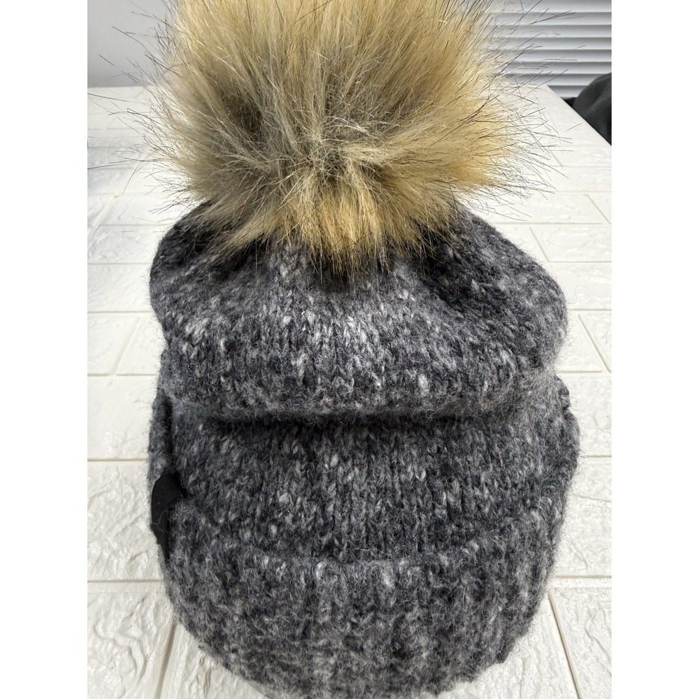 BULA Wool Blend Knit Winter Cap Grey Black Ski Hat Beanie Pom Pom One Size
